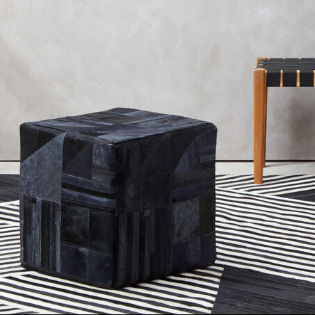 Orsina Bosie Safira Leather Pouffe – Art Deco Black & Grey Ottoman