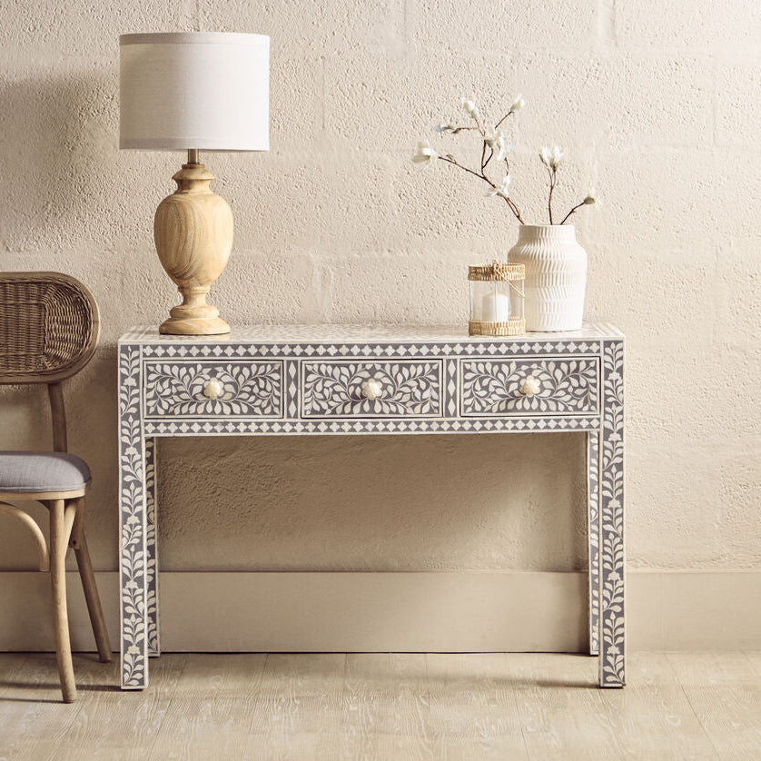 Orsina Fusion Bone Inlay Writing Desk – Floral 3-Drawer Home Office