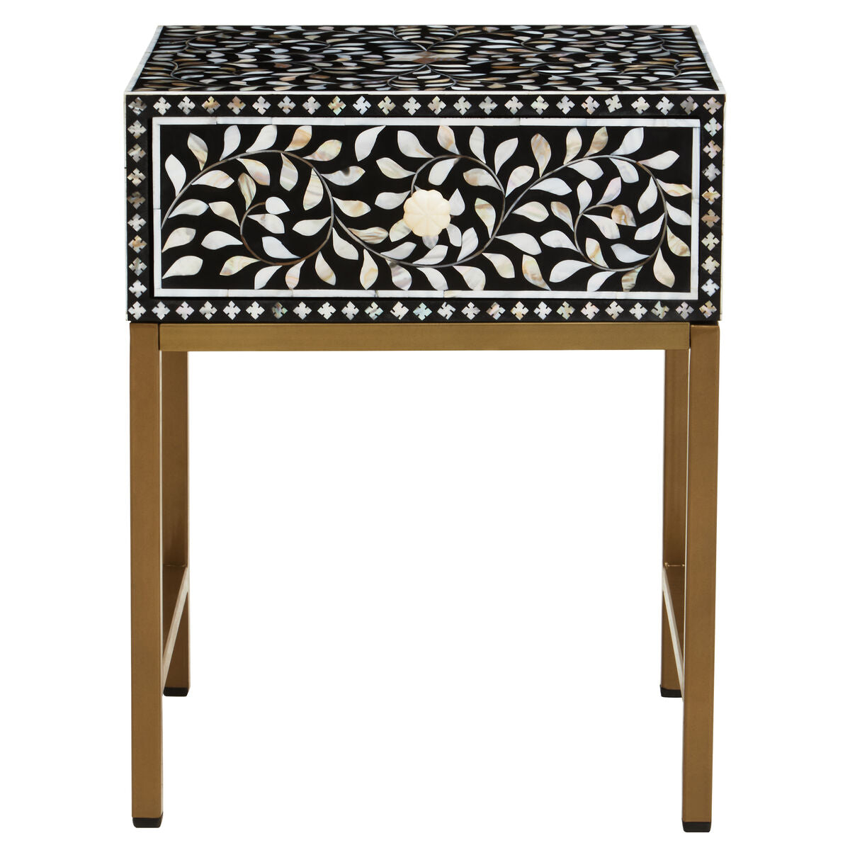 Orsina Black Bone Inlay Side Table | Floral Mother of Pearl Nightstand