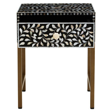 Orsina Black Bone Inlay Side Table | Floral Mother of Pearl Nightstand