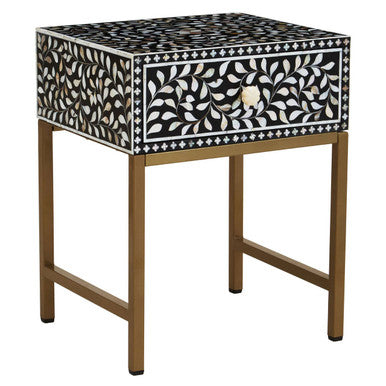 Orsina Black Bone Inlay Side Table | Floral Mother of Pearl Nightstand