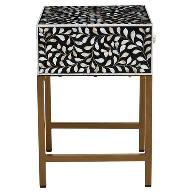 Orsina Black Bone Inlay Side Table | Floral Mother of Pearl Nightstand