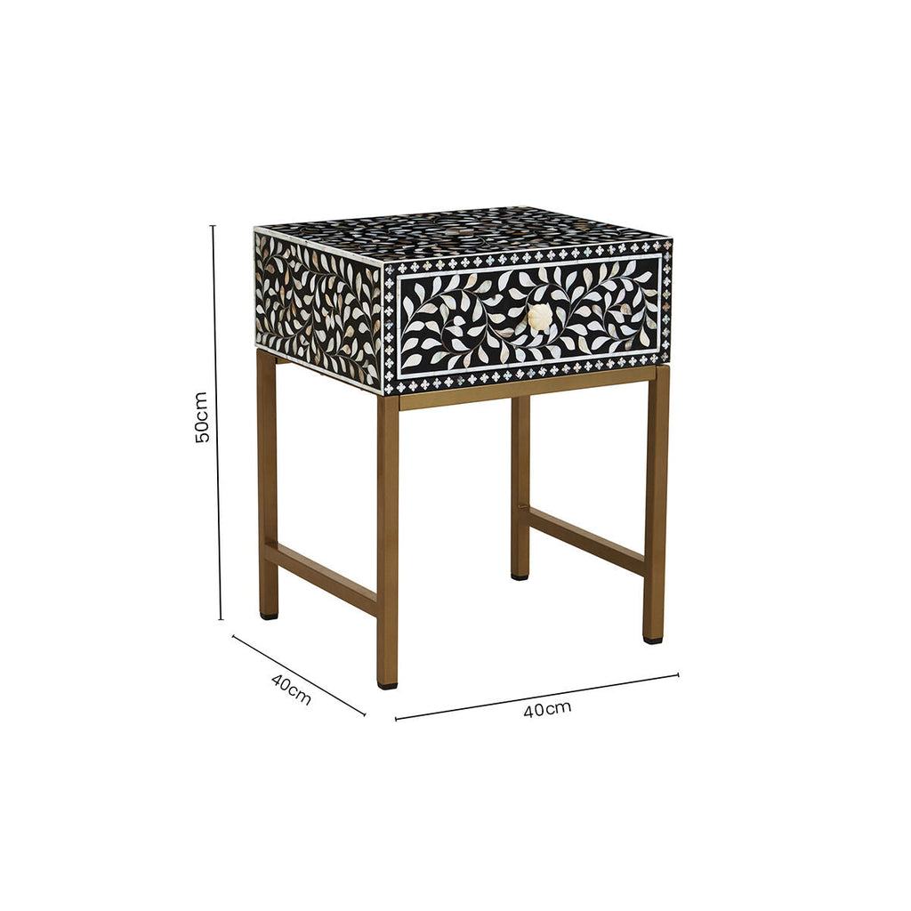 Orsina Black Bone Inlay Side Table | Floral Mother of Pearl Nightstand