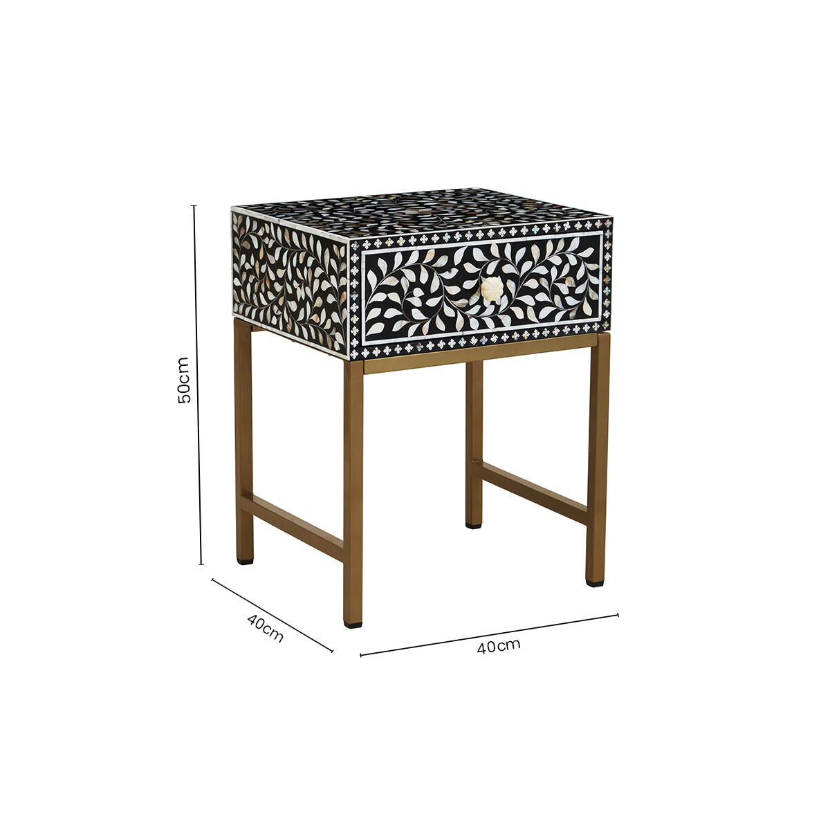 Orsina Black Bone Inlay Side Table | Floral Mother of Pearl Nightstand
