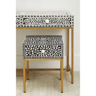 Orsina Black Bone Inlay Side Table | Floral Mother of Pearl Nightstand