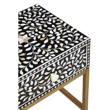 Orsina Black Bone Inlay Side Table | Floral Mother of Pearl Nightstand
