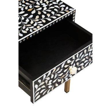 Orsina Black Bone Inlay Side Table | Floral Mother of Pearl Nightstand