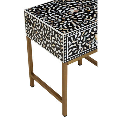 Orsina Black Bone Inlay Side Table | Floral Mother of Pearl Nightstand