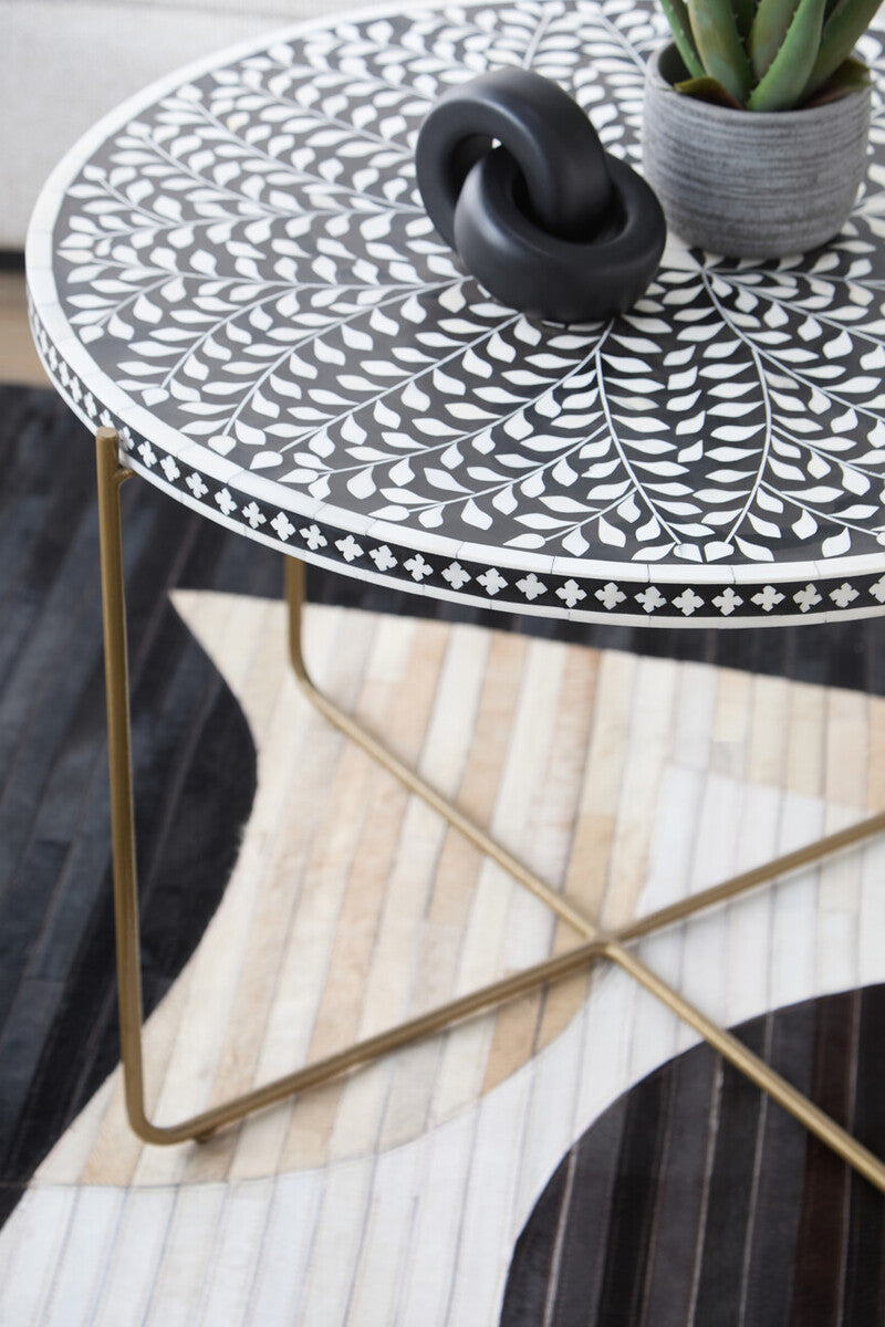 Orsina Fusion Bone Inlay Round Coffee Table - Black & Gold Metal Base