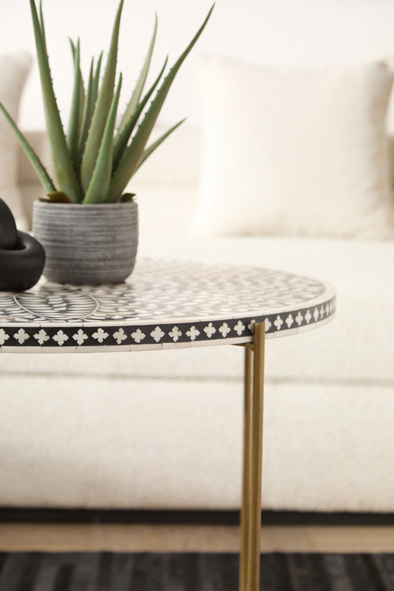 Orsina Fusion Bone Inlay Round Coffee Table - Black & Gold Metal Base