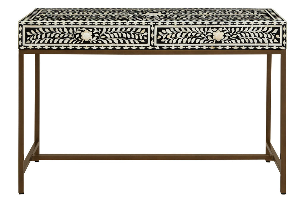 Orsina Bone Inlay Console Table – Black & White Floral with 2 Drawers