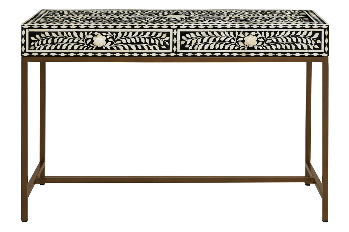 Orsina Bone Inlay Console Table – Black & White Floral with 2 Drawers