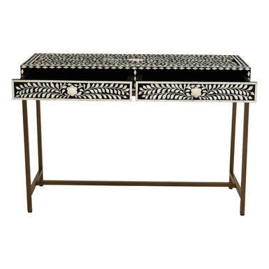 Orsina Bone Inlay Console Table – Black & White Floral with 2 Drawers