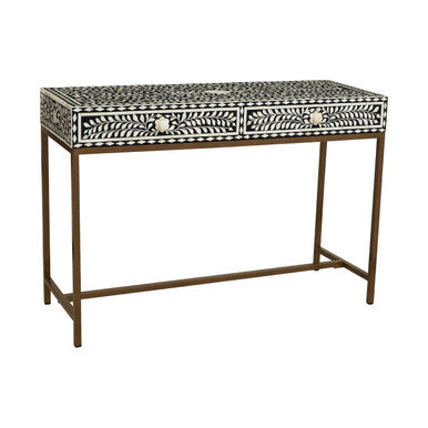 Orsina Bone Inlay Console Table – Black & White Floral with 2 Drawers