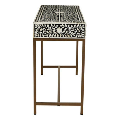 Orsina Bone Inlay Console Table – Black & White Floral with 2 Drawers