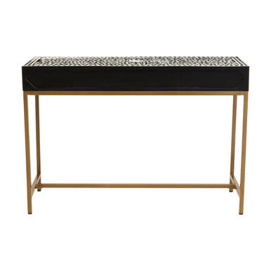 Orsina Bone Inlay Console Table – Black & White Floral with 2 Drawers