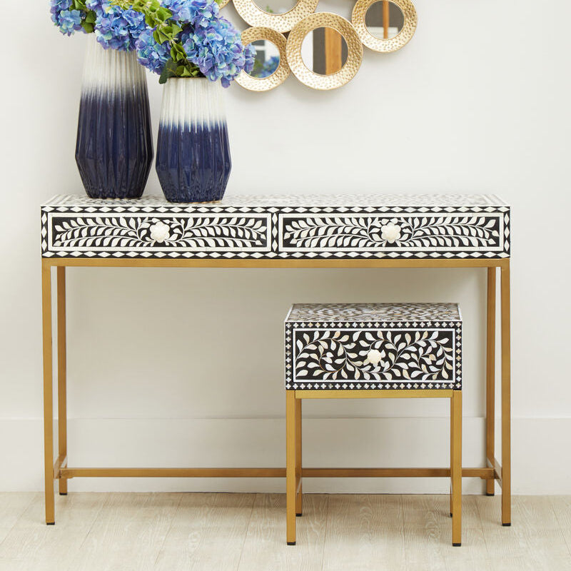 Orsina Bone Inlay Console Table – Black & White Floral with 2 Drawers