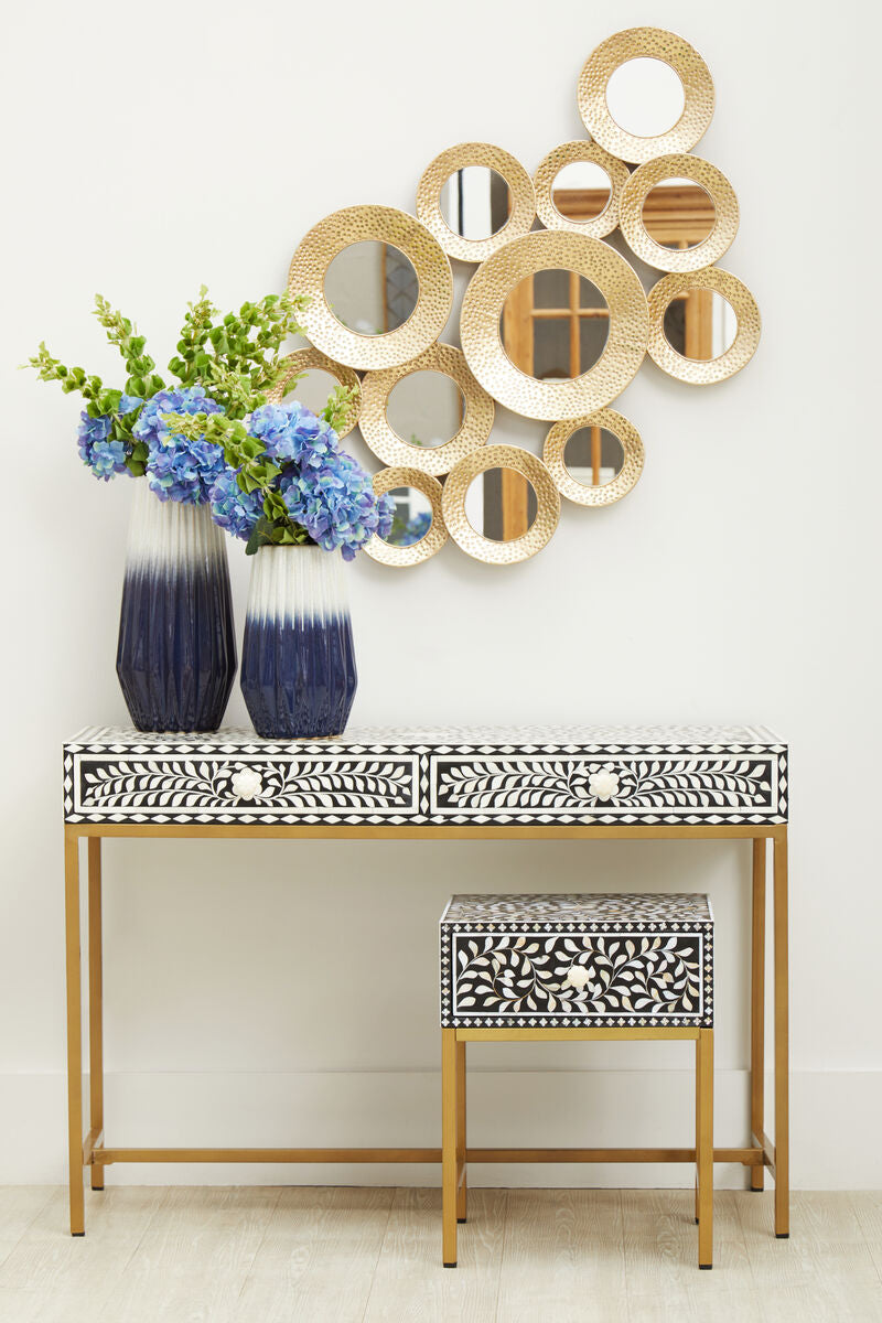Orsina Bone Inlay Console Table – Black & White Floral with 2 Drawers