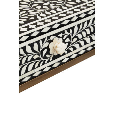 Orsina Bone Inlay Console Table – Black & White Floral with 2 Drawers