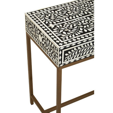 Orsina Bone Inlay Console Table – Black & White Floral with 2 Drawers