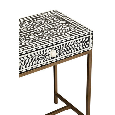 Orsina Bone Inlay Console Table – Black & White Floral with 2 Drawers