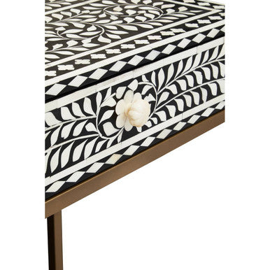 Orsina Bone Inlay Console Table – Black & White Floral with 2 Drawers