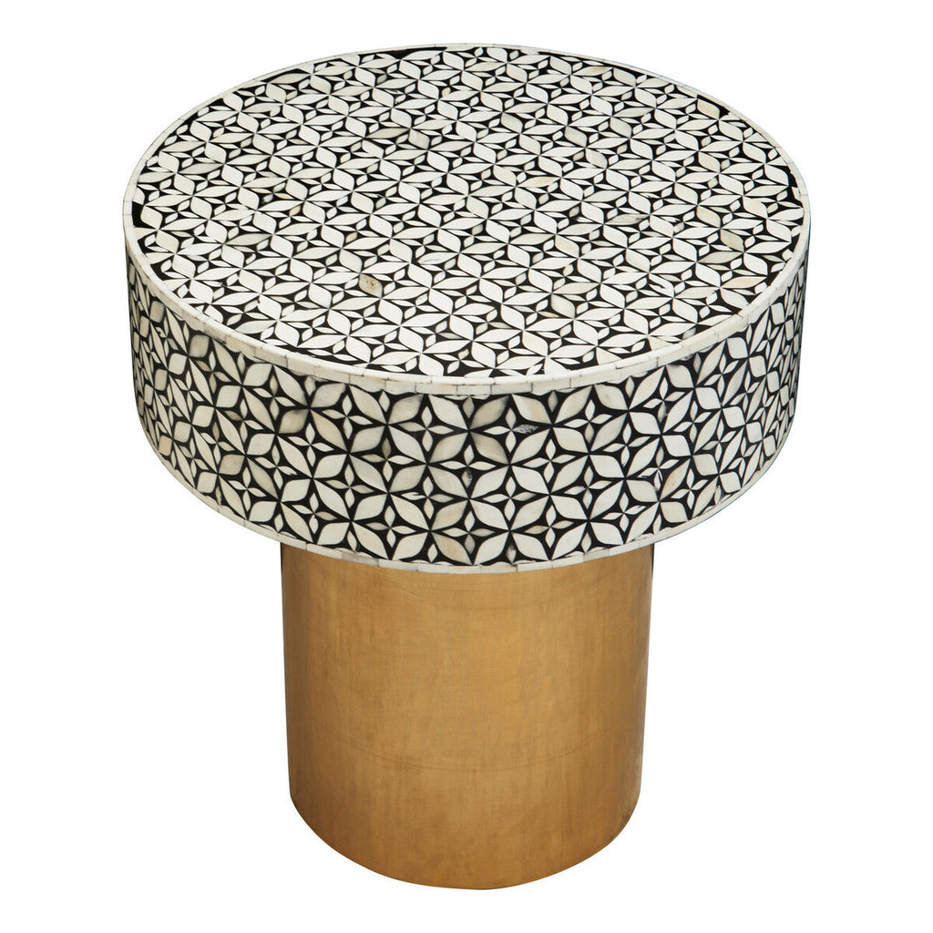 Orsina Fusion Bone Inlay Round Side Table – Floral Black and Gold