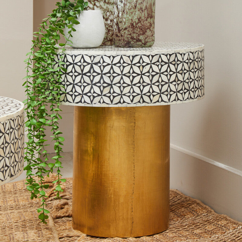 Orsina Fusion Bone Inlay Round Side Table – Floral Black and Gold