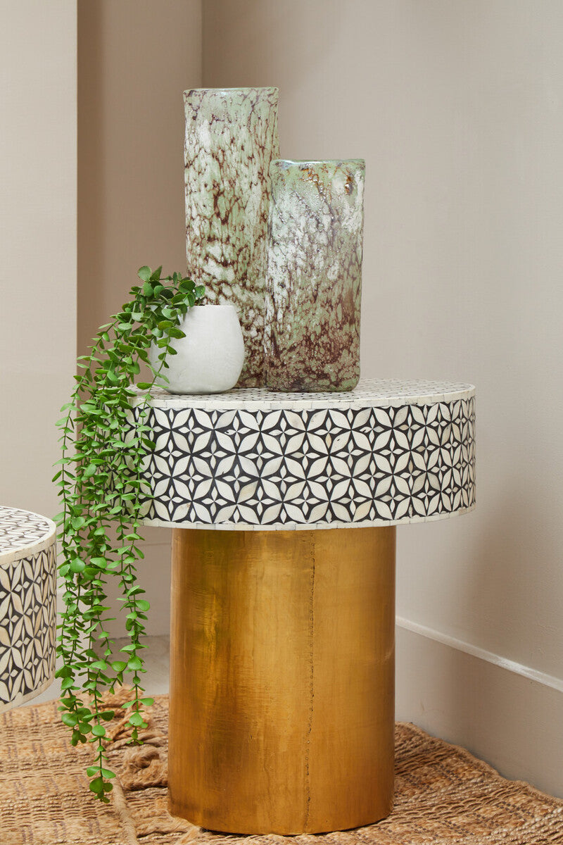 Orsina Fusion Bone Inlay Round Side Table – Floral Black and Gold