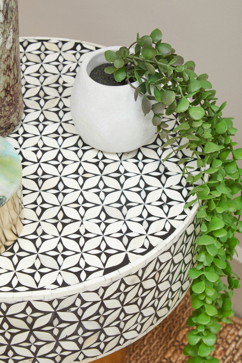 Orsina Fusion Bone Inlay Round Side Table – Floral Black and Gold