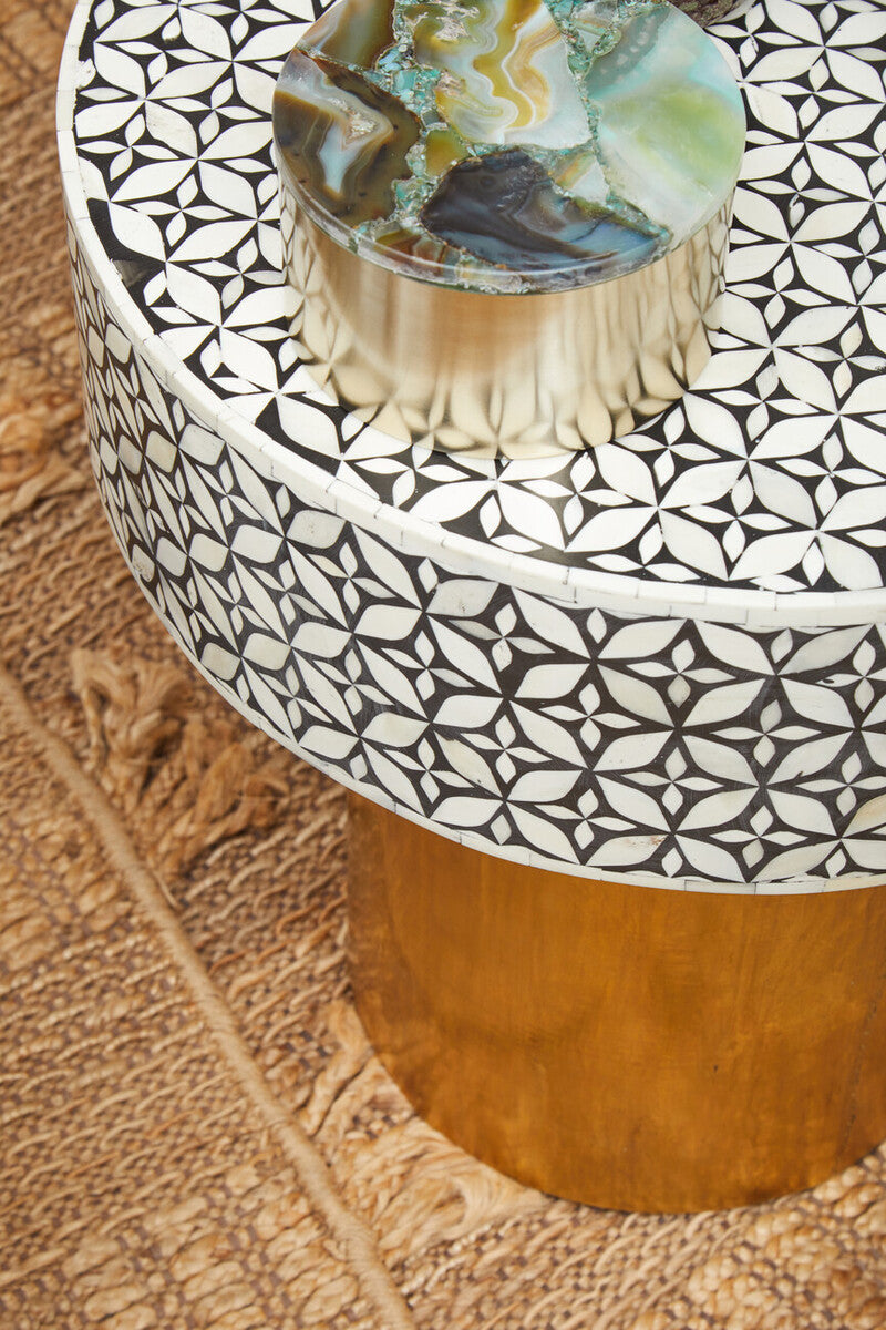 Orsina Fusion Bone Inlay Round Side Table – Floral Black and Gold