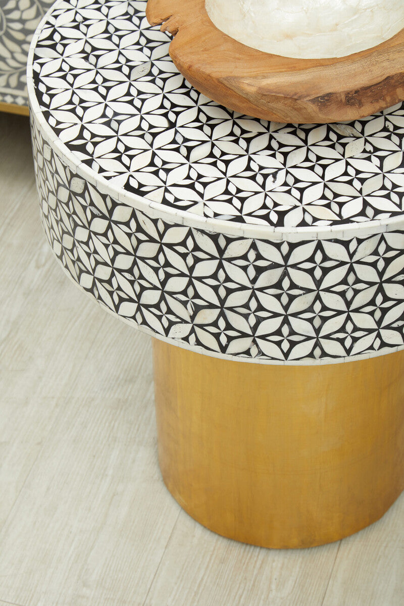 Orsina Fusion Bone Inlay Round Side Table – Floral Black and Gold