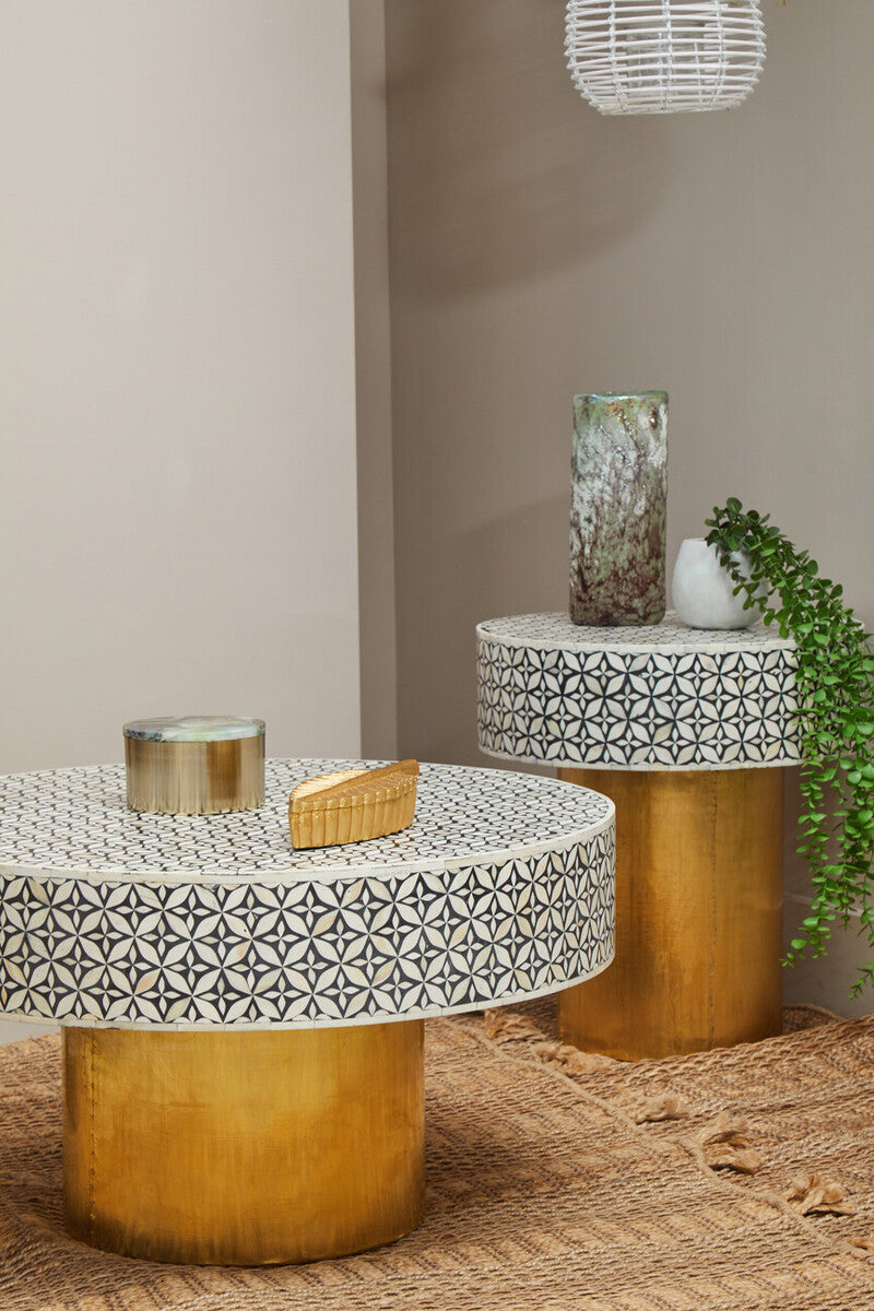 Orsina Fusion Bone Inlay Round Side Table – Floral Black and Gold
