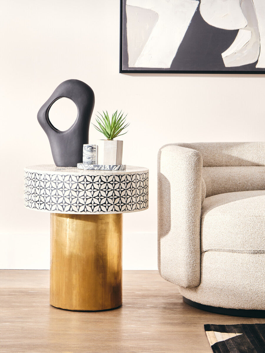 Orsina Fusion Bone Inlay Round Side Table – Floral Black and Gold