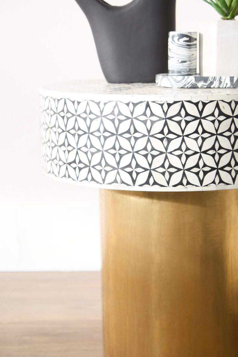 Orsina Fusion Bone Inlay Round Side Table – Floral Black and Gold