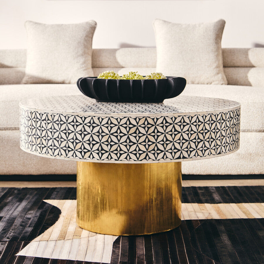 Orsina Round Bone Inlay Coffee Table – Geometric Black & Gold