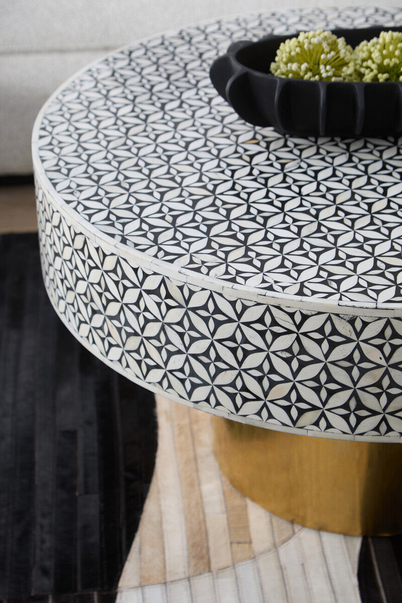 Orsina Round Bone Inlay Coffee Table – Geometric Black & Gold