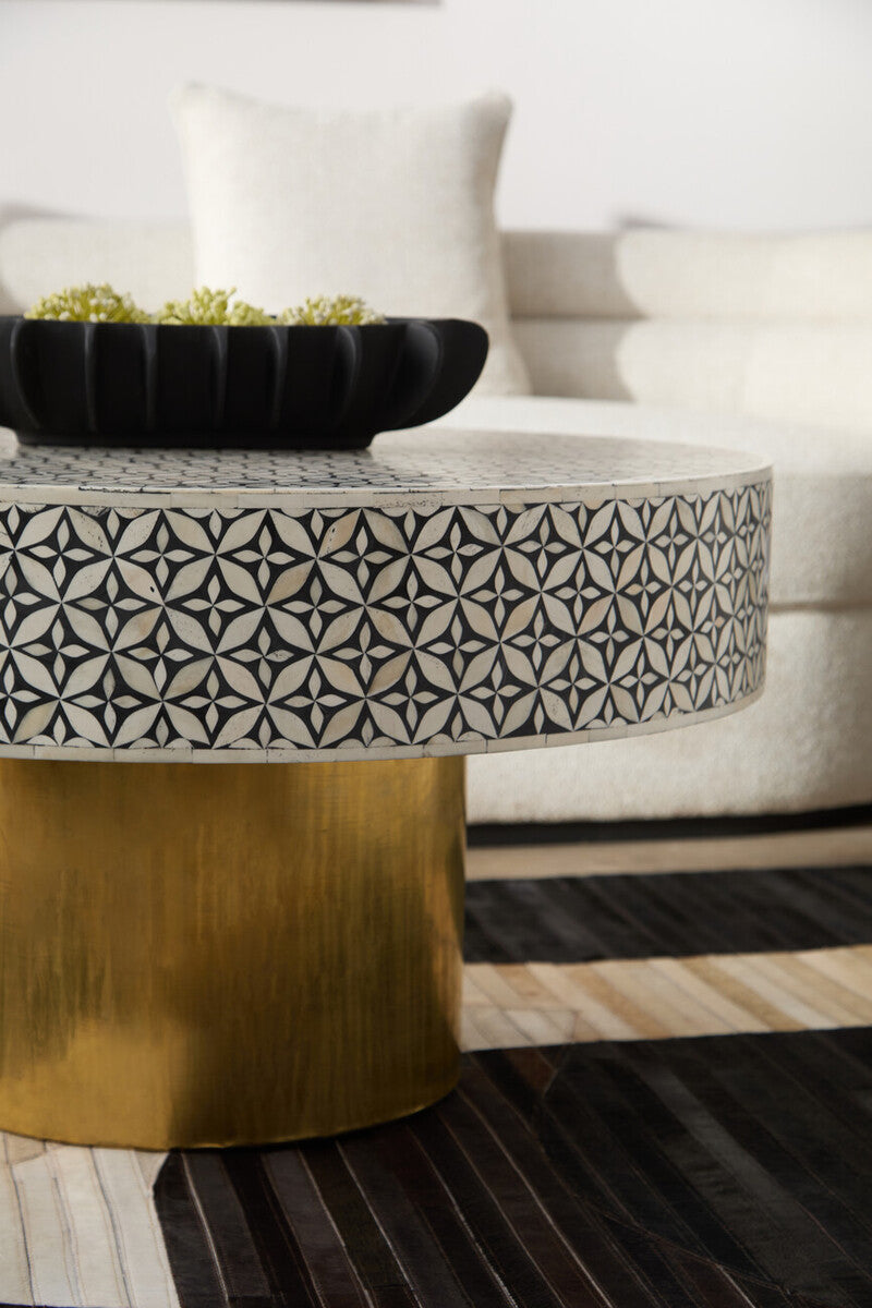 Orsina Round Bone Inlay Coffee Table – Geometric Black & Gold