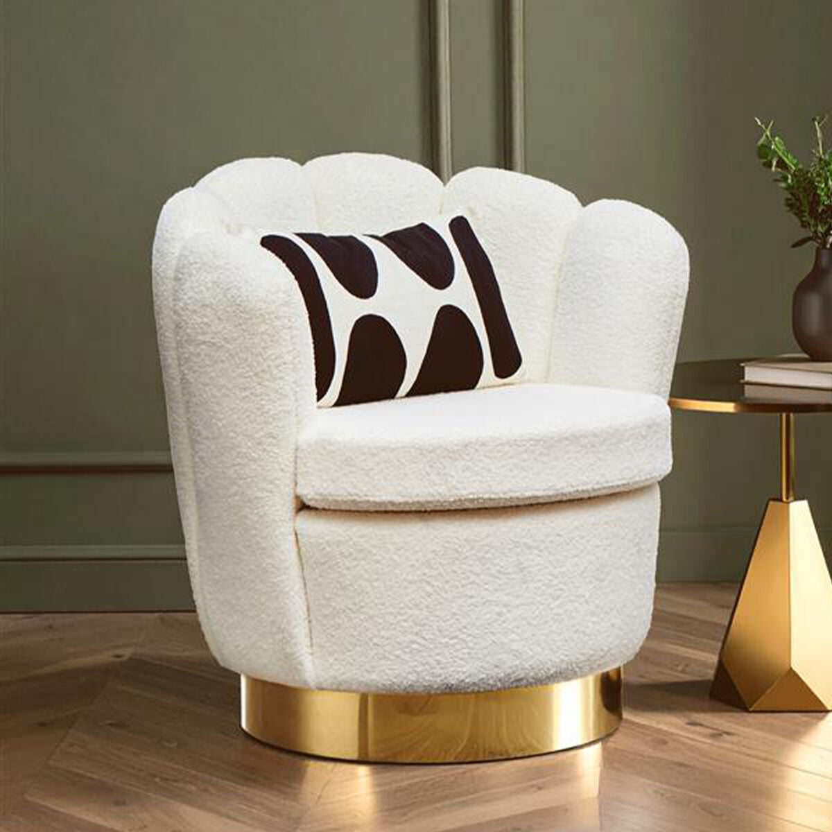 Orsina Biarritz Scalloped Swivel Chair | Off White Boucle Accent Chair