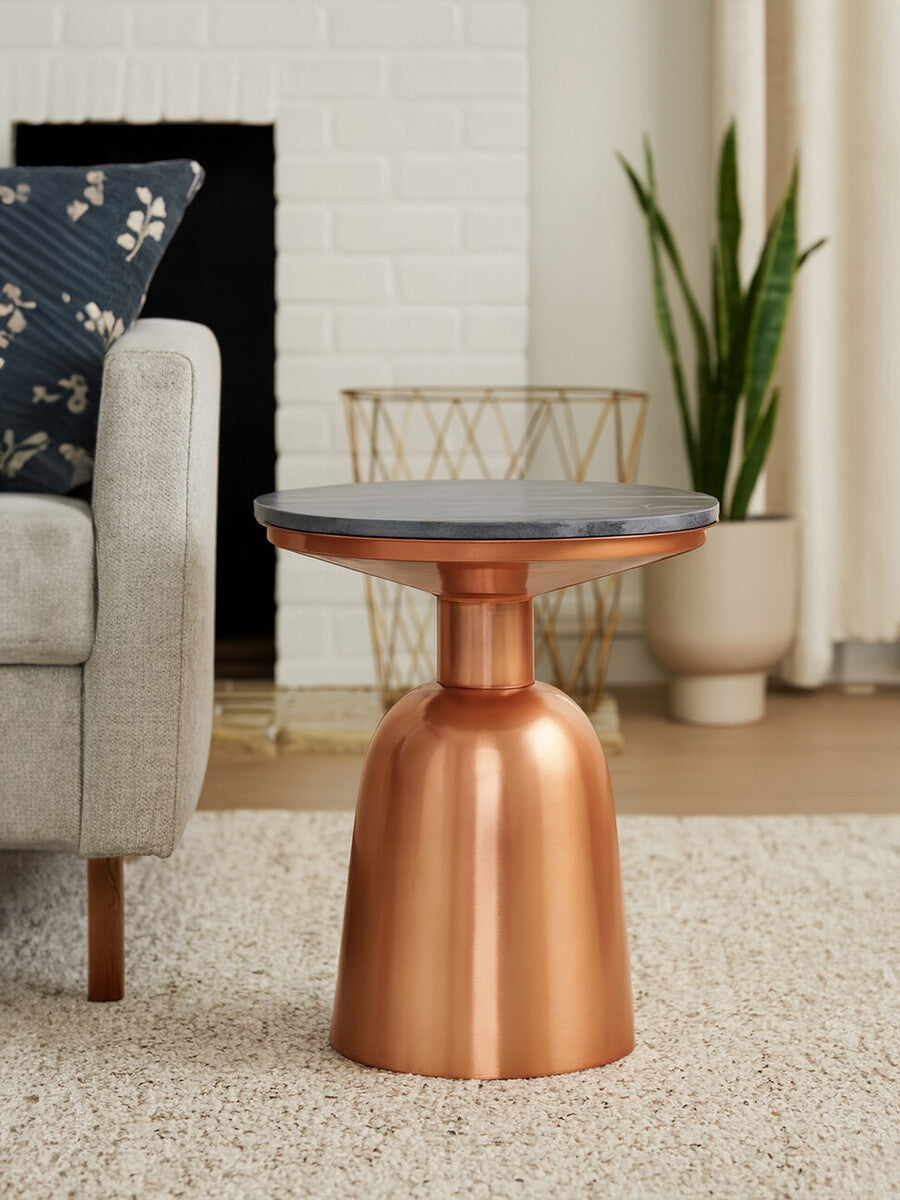 Orsina Amira Black Marble Side Table – Round Copper Pedestal Base