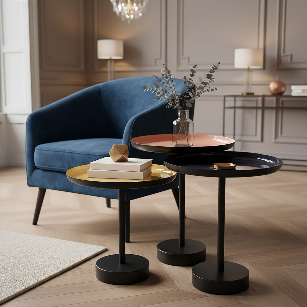 Orsina Amira Set of 3 Gold & Black Enamel Tray Tables | Iron Nesting