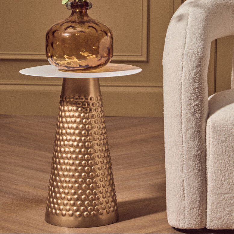 Orsina Amira Gold Side Table – White Round Metal Pedestal End Table