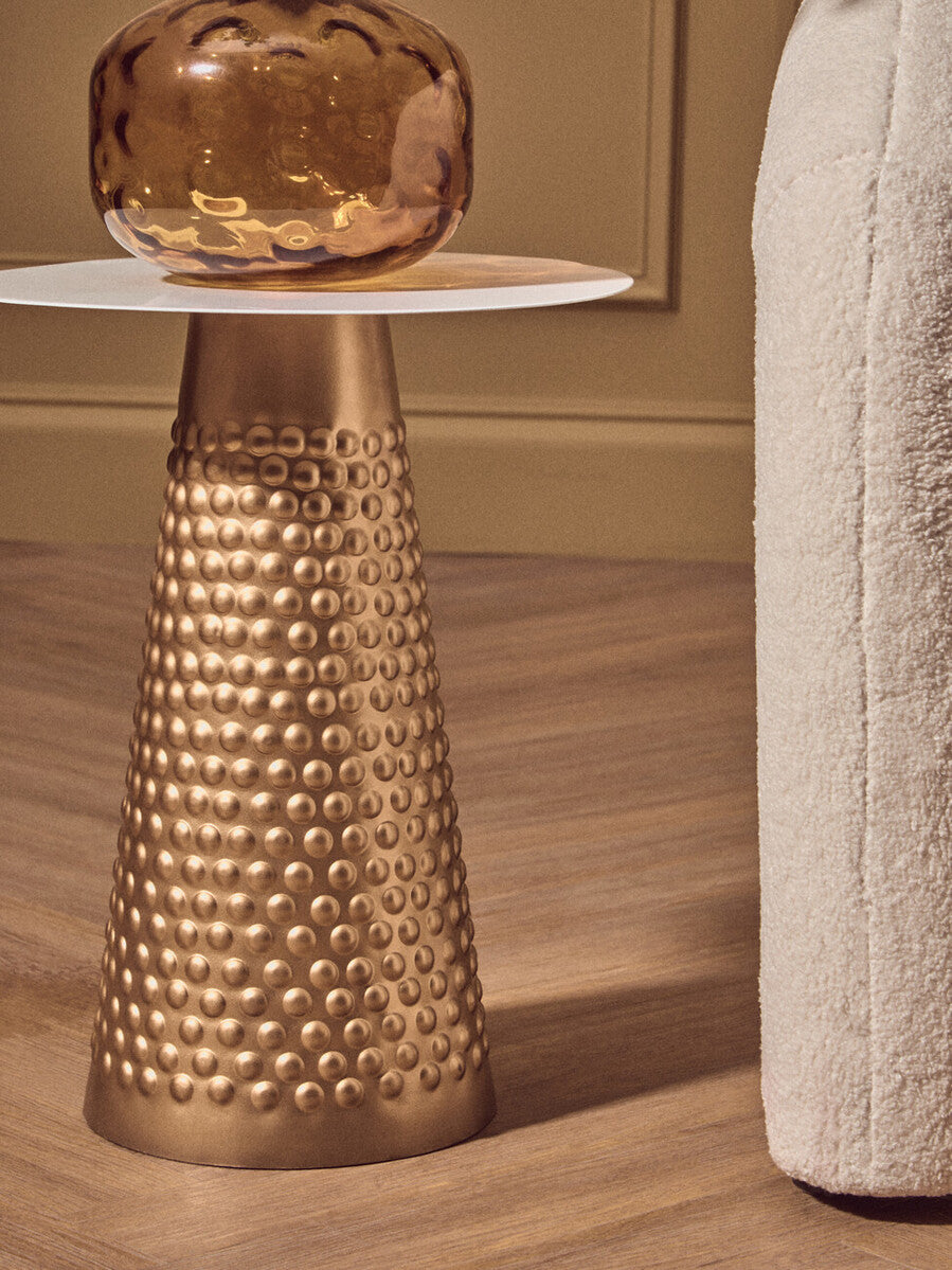 Orsina Amira Gold Side Table – White Round Metal Pedestal End Table