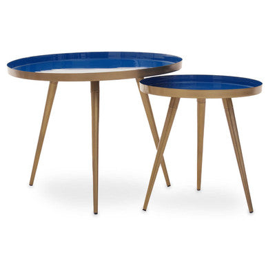 Orsina Amira Blue Enamel Nesting Side Tables | Gold Metal Frame
