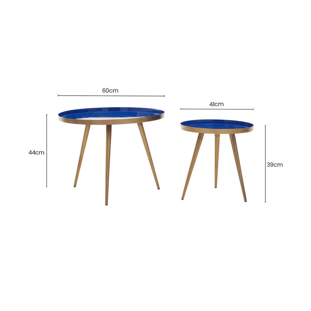 Orsina Amira Blue Enamel Nesting Side Tables | Gold Metal Frame