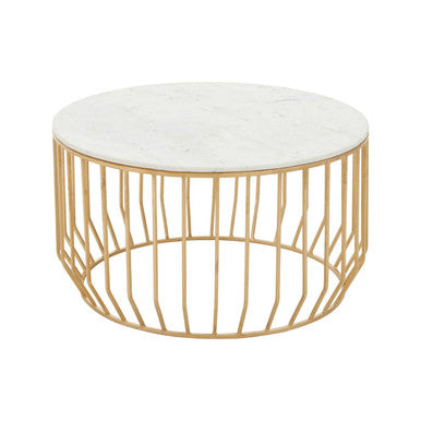 Orsina Pali Round White Marble Coffee Table with Gold Iron Cage Base