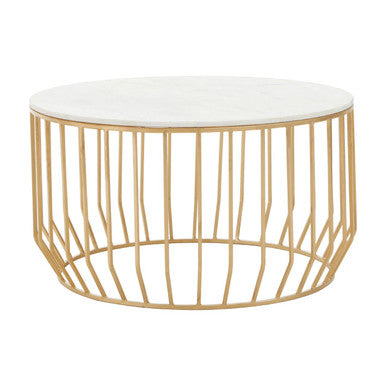 Orsina Pali Round White Marble Coffee Table with Gold Iron Cage Base