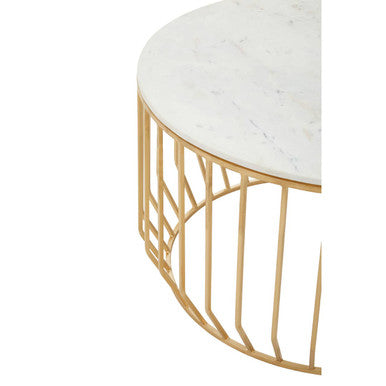 Orsina Pali Round White Marble Coffee Table with Gold Iron Cage Base