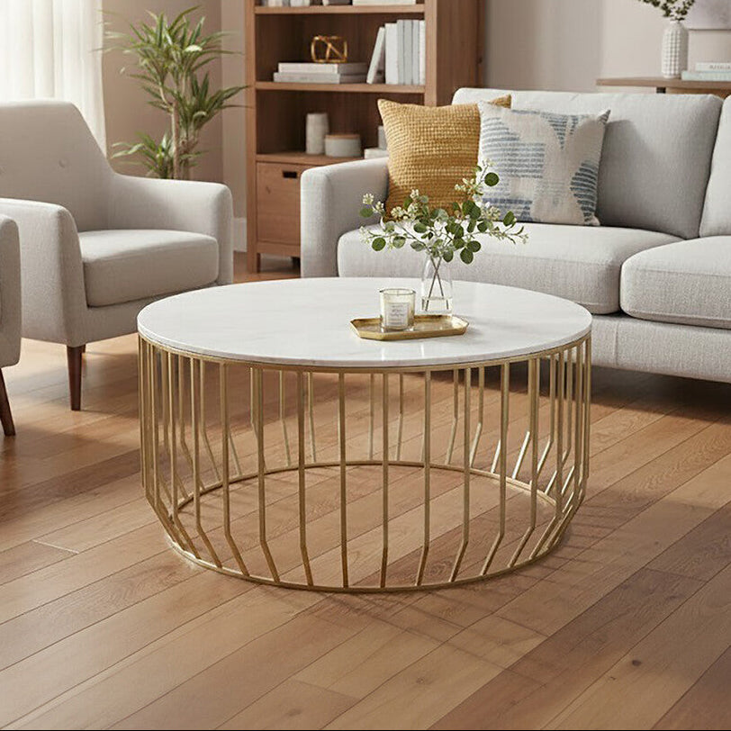 Orsina Pali Round White Marble Coffee Table with Gold Iron Cage Base