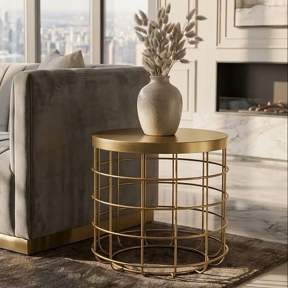 Orsina Pali Gold Side Table – Round Iron End Table with Caged Base
